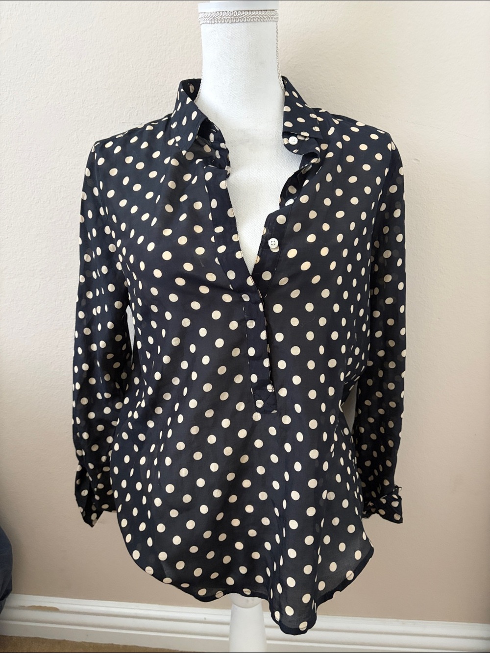 J. Crew Black Blouse with Cream Polka Dots